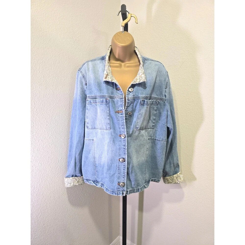 Upcycled Denim Jean Jacket Womens XL Blue Quilt Square Coastal Grandma Folk Art